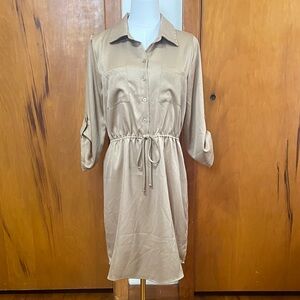 Tan Shirt Dress Button Down Drawstring Waist RollUp 3/4 Sleeves 36” L Safari